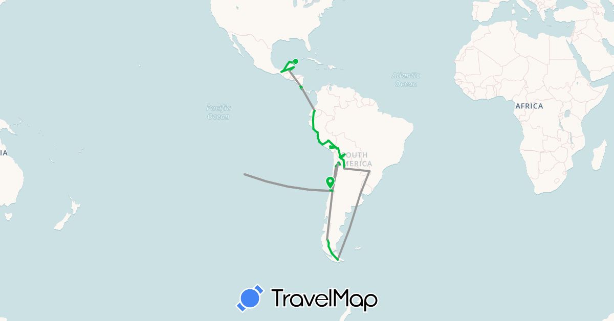 TravelMap itinerary: bus, plane in Argentina, Bolivia, Chile, Costa Rica, Ecuador, Guatemala, Mexico, Peru (North America, South America)
